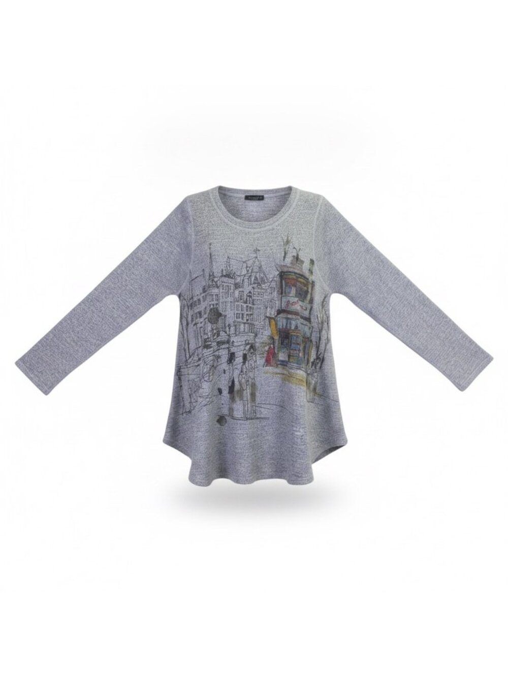 Inoah Womens Gray Long-Sleeve Top With Colorful Print Sz S